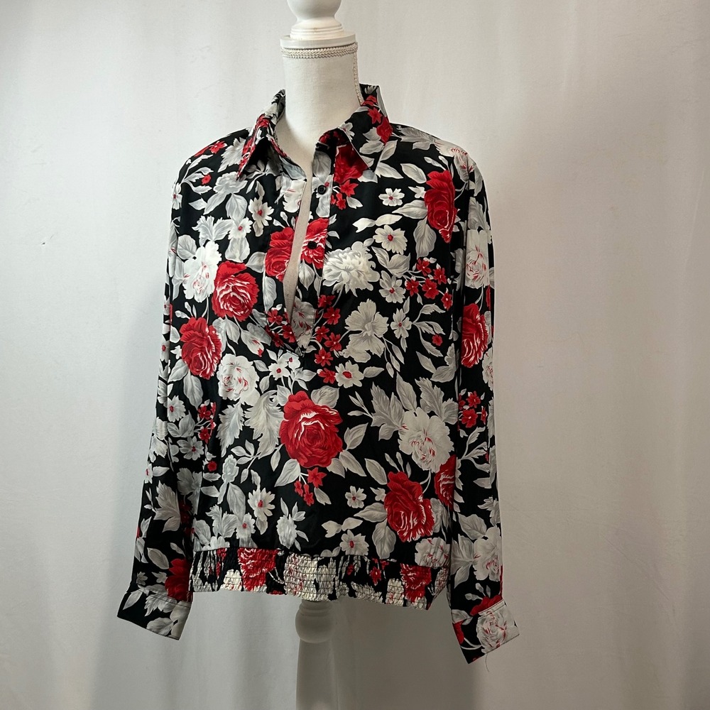 Alfred Dunner Floral Blouse Womens Size 14 Red White Black Roses Button Up